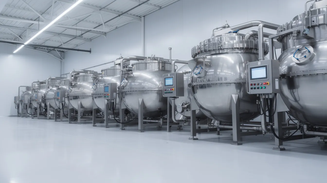 f6322ad9 1c58 422f b142 2aa5a89b0b40 The image depicts a row of large industrial centrifuge machines in a clean manufacturing hall, showcasing the advanced equipment used in the maize wet milling process. These machines play a crucial role in the production of important raw materials such as maize starch and corn oil, contributing to the efficiency and quality of the overall manufacturing process.