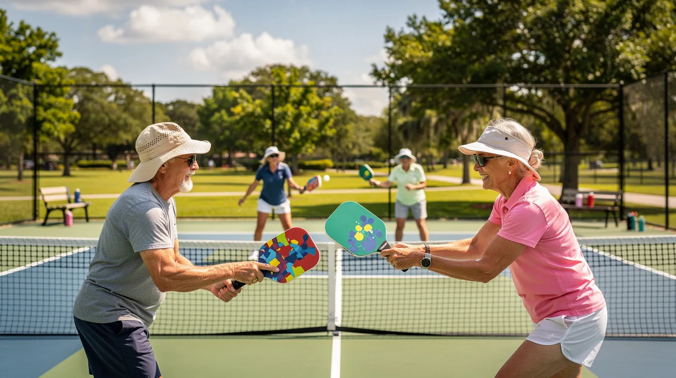 A group of active seniors is enjoying a game of pickleball outdoors under the bright sun, showcasing their commitment to a physically active lifestyle and pursuing hobbies in retirement. This vibrant scene emphasizes the importance of maintaining energy levels and well-being as older adults engage in social activities that foster community and friendship.