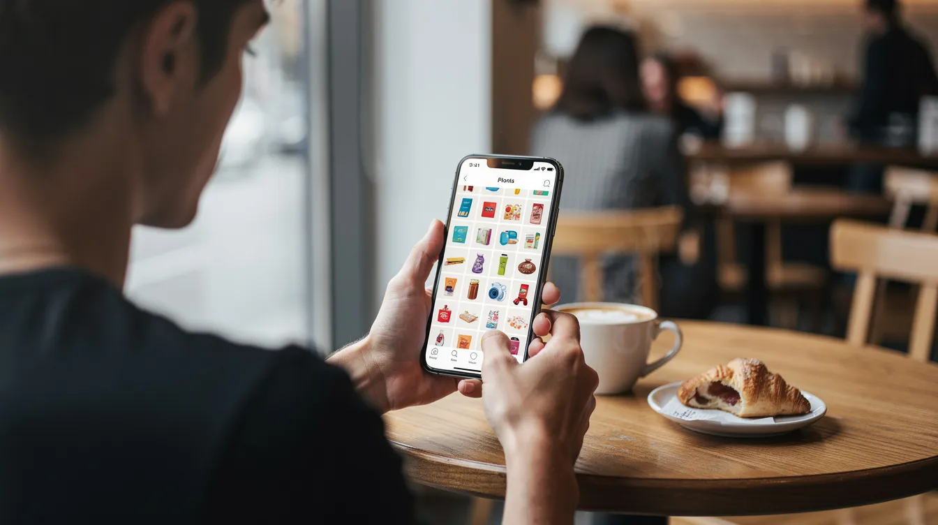 A person is sitting at a cafe table, intently scrolling through various products on their smartphone screen. The scene captures a relaxed atmosphere, with the individual possibly exploring options related to trademark registration or seeking trademark protection for their unique brand.