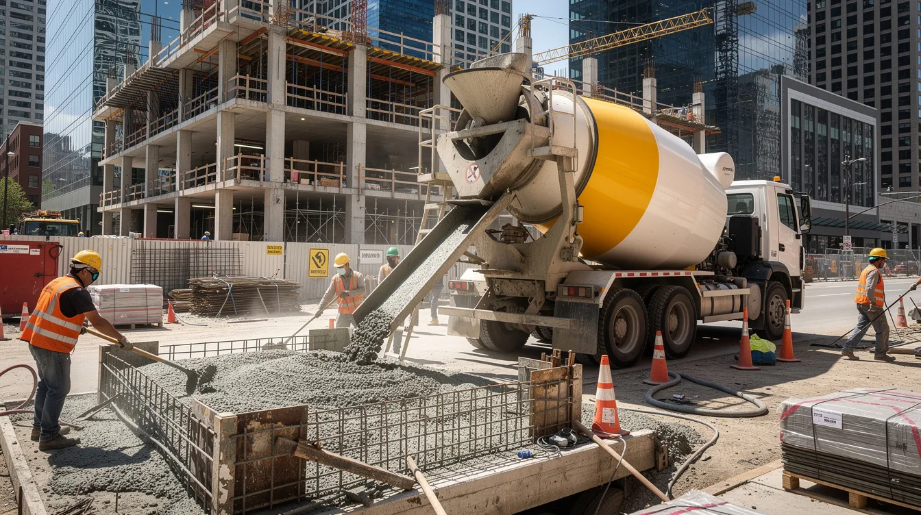 f637d983 fe06 4eb1 bb96 af727576196f A concrete mixer truck is seen delivering ready mix concrete at a busy urban construction site, surrounded by civil engineers and workers engaged in various construction projects. The scene highlights the importance of efficient logistics in the construction industry, where building materials are essential for successful project management and sustainable construction practices.