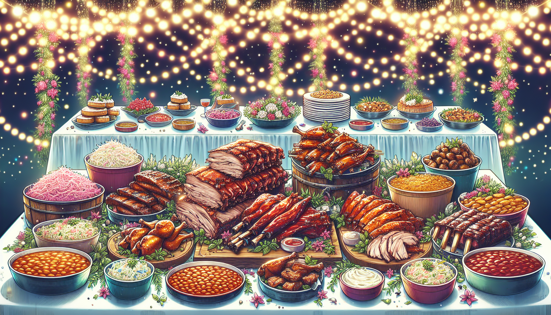 A variety of popular BBQ dishes served at a wedding.