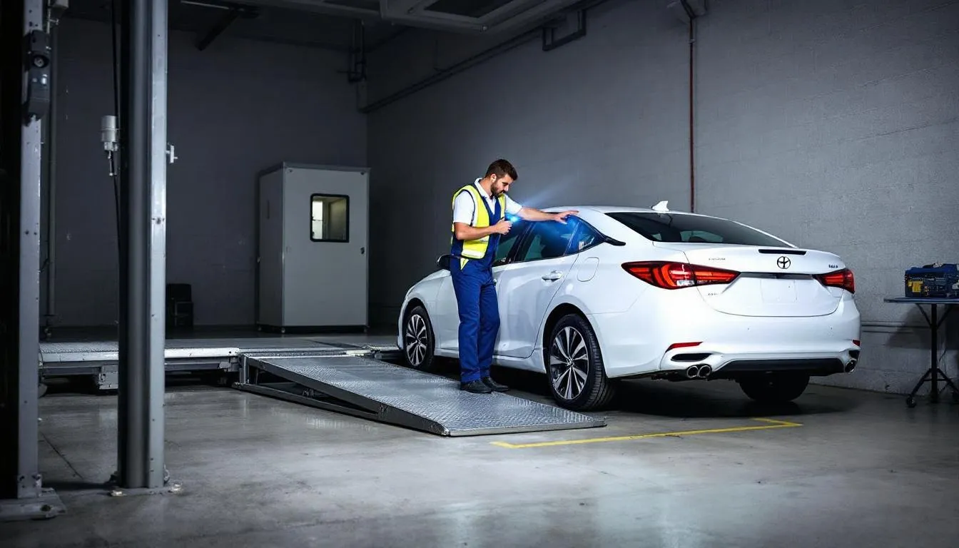 Een RDW keuringsstation waar een medewerker een auto inspecteert, met aandacht voor de benodigde documenten voor het importeren van een auto. De sfeer is professioneel en gericht op het waarborgen van de kwaliteit van geïmporteerde voertuigen, zoals Duitse auto's.