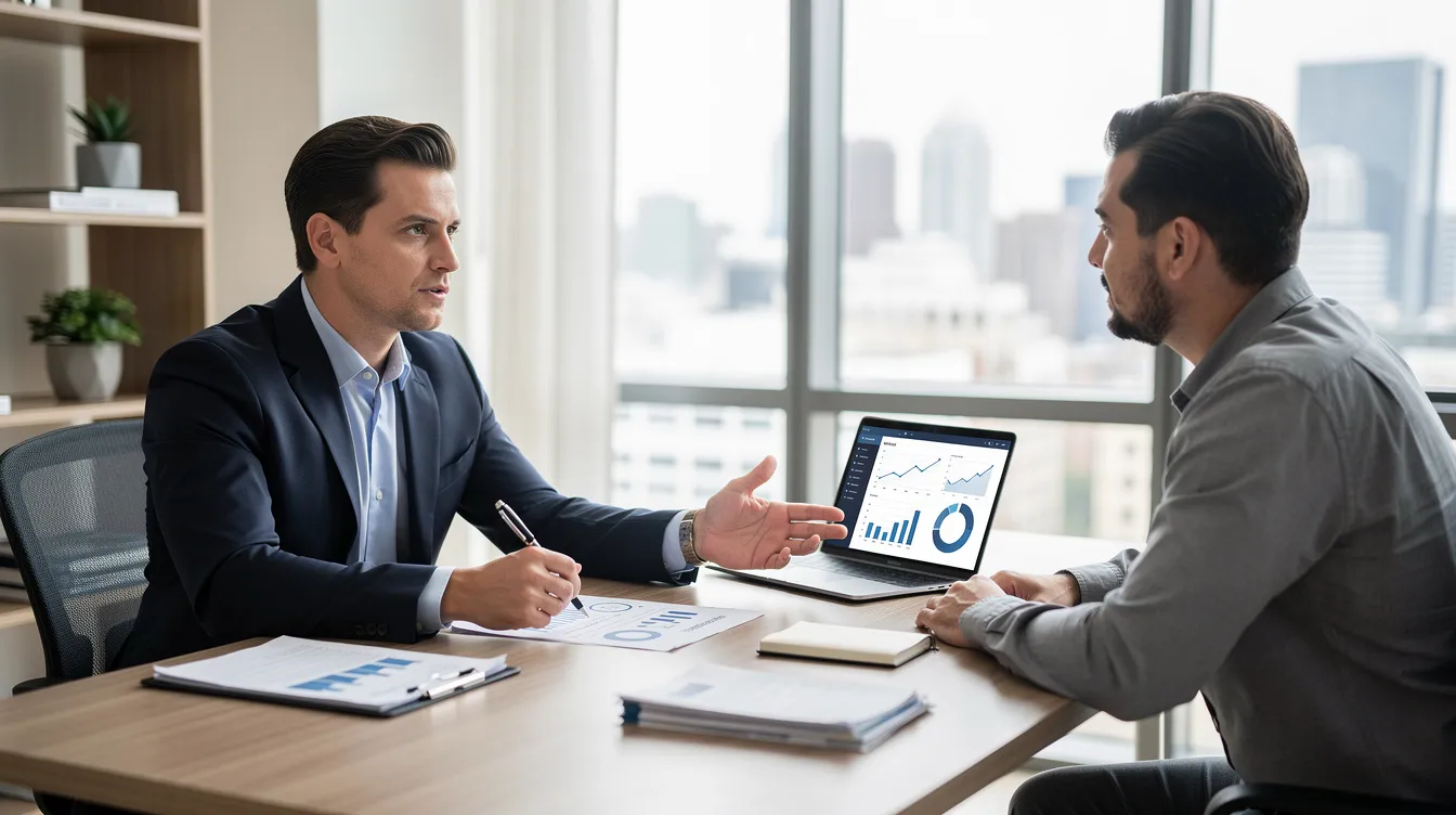 A professional financial advisor is seated at a desk in an office, discussing financial strategies with a client. The setting reflects a formal atmosphere, with documents and a laptop present, emphasizing topics such as loan applications and debt restructuring.