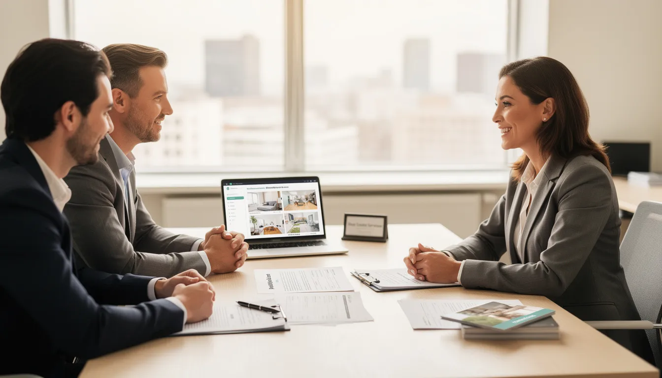 A real estate professional is seated at a table with clients, discussing documents and a laptop, as they navigate the current market dynamics of the Connecticut housing market. The meeting reflects the serious buyer demand and investment properties available in the region, highlighting the importance of understanding real estate trends and local zoning regulations.