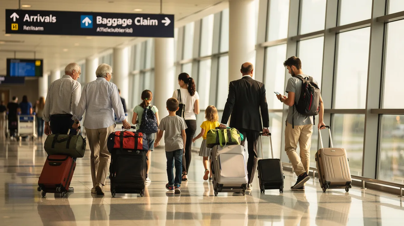 The image shows a diverse group of travellers, including families and friends, walking through an airport arrivals corridor, highlighting the excitement of entering Ireland and the UK. The scene reflects the common travel area, where visitors may need to check their visa requirements and ensure they have a valid passport or electronic travel authorisation to enter.