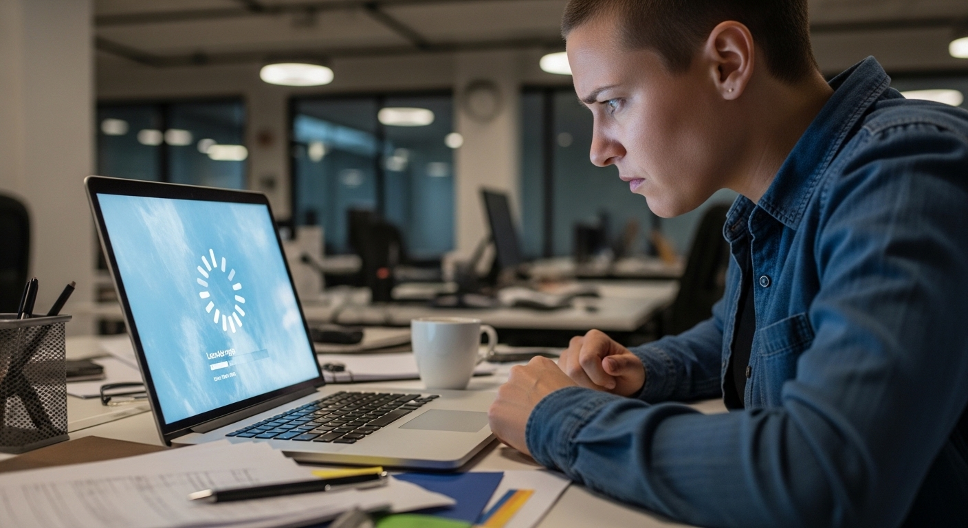 Employee staring at frozen laptop screen with visible loading icon representing digital friction.