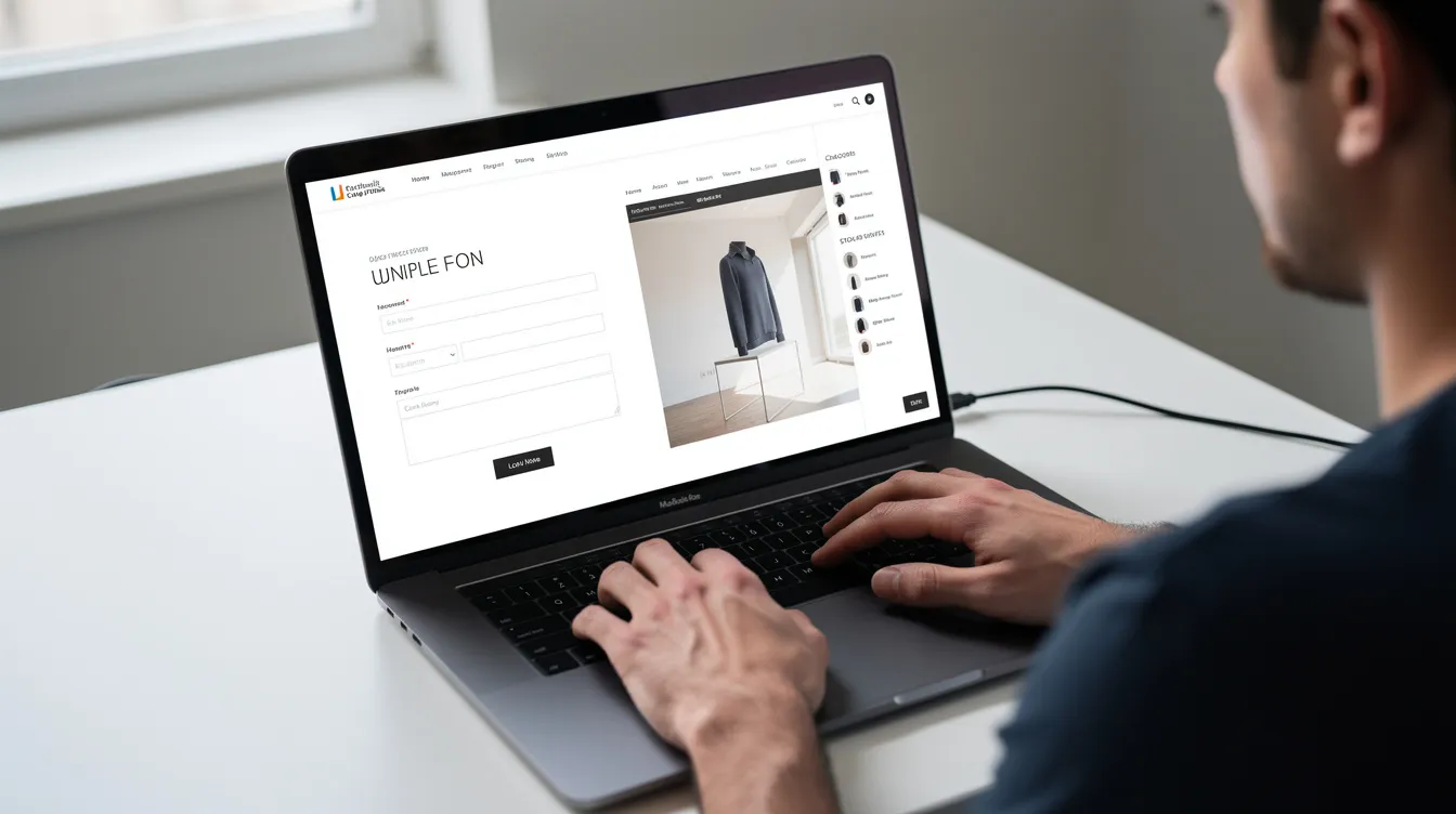 A person is sitting at a laptop, completing a simple form while a preview of their online store is visible on the screen. The interface showcases customizable themes and optimized product pages, highlighting the ease of using an AI store builder to start selling with just a few clicks.
