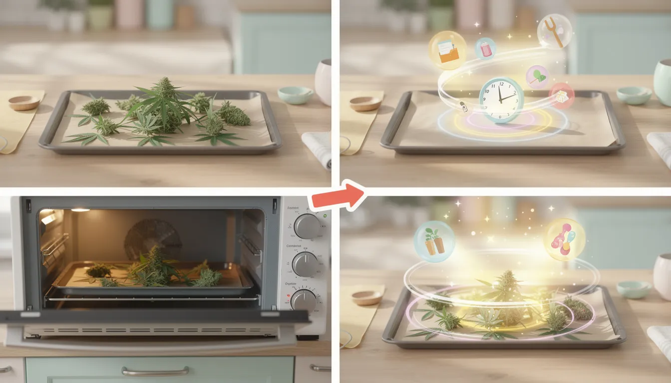 Darstellung des Decarboxylierungsprozesses für Cannabis zur Aktivierung der Wirkstoffe.