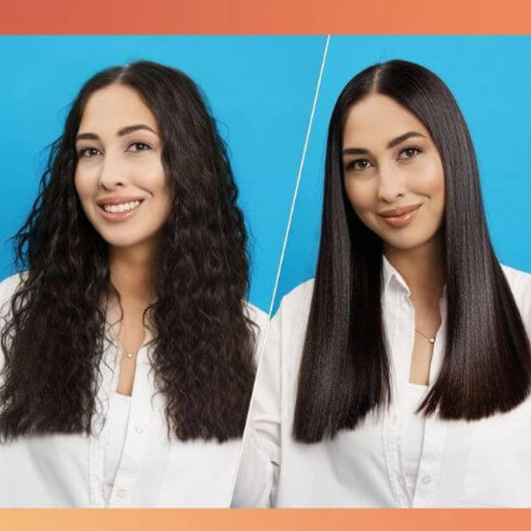 A woman with long hair comparing hair botox treatment before & after