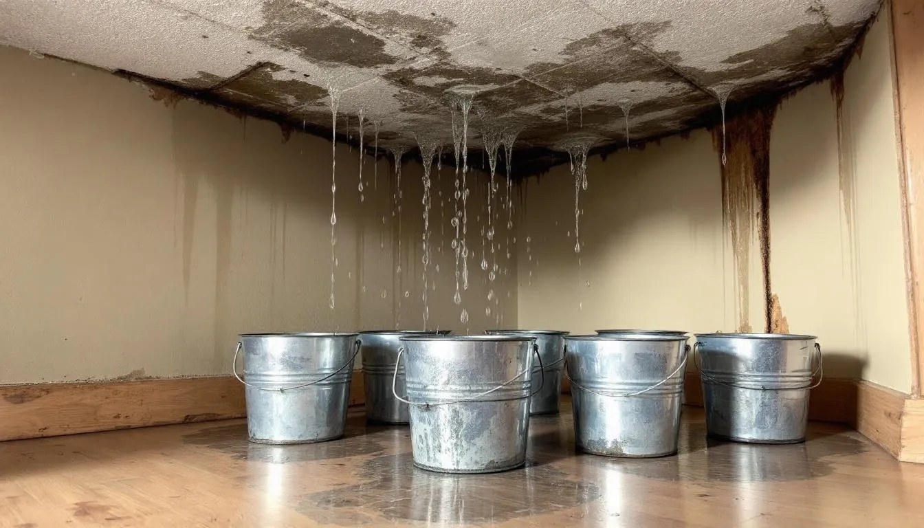 In the interior of a Philadelphia home, several buckets are strategically placed to catch water dripping from a leaky roof, highlighting the urgent need for emergency roof repairs to prevent further interior damage. The scene underscores the importance of contacting a professional roofing contractor for reliable emergency roof repair services.