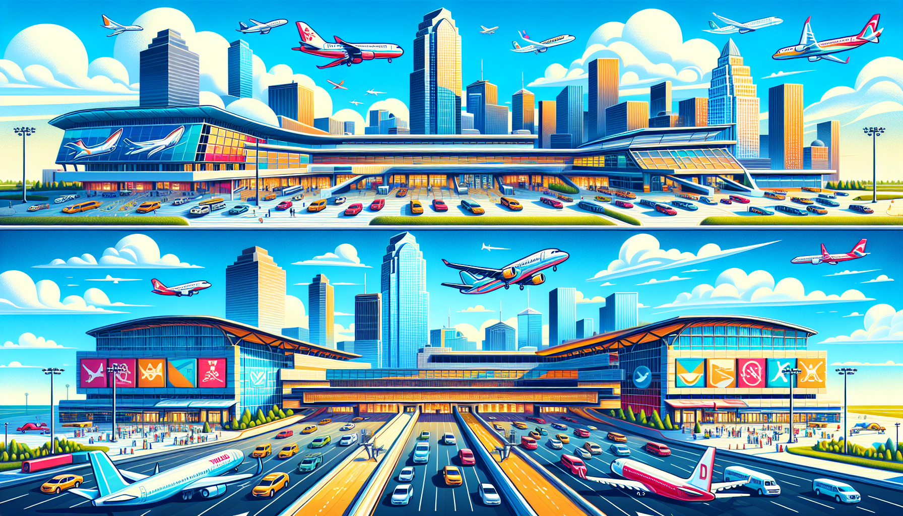 A cartoon representation of Dallas and NYC airports.