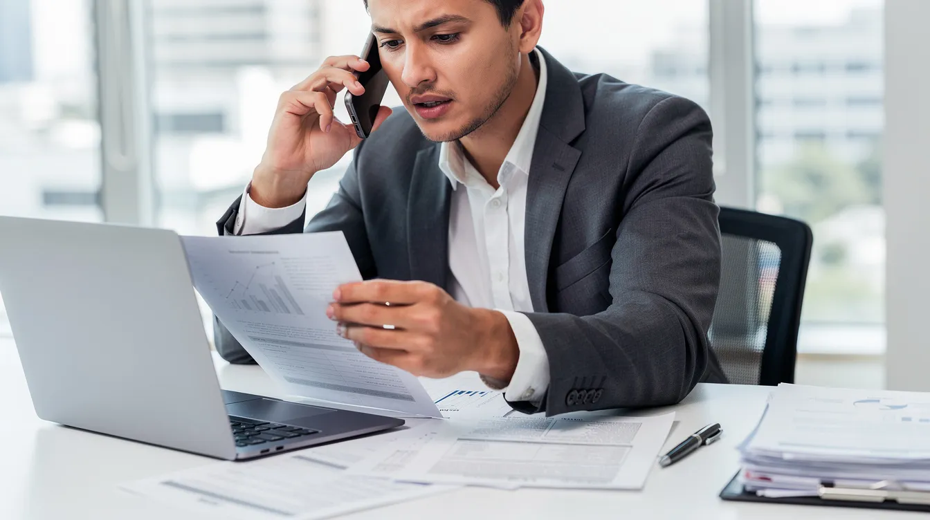 A person is engaged in a phone conversation while reviewing documents, likely related to a workers compensation claim. This scene highlights the challenges faced by injured workers, including undocumented immigrants, as they navigate their legal rights and benefits regardless of their immigration status.