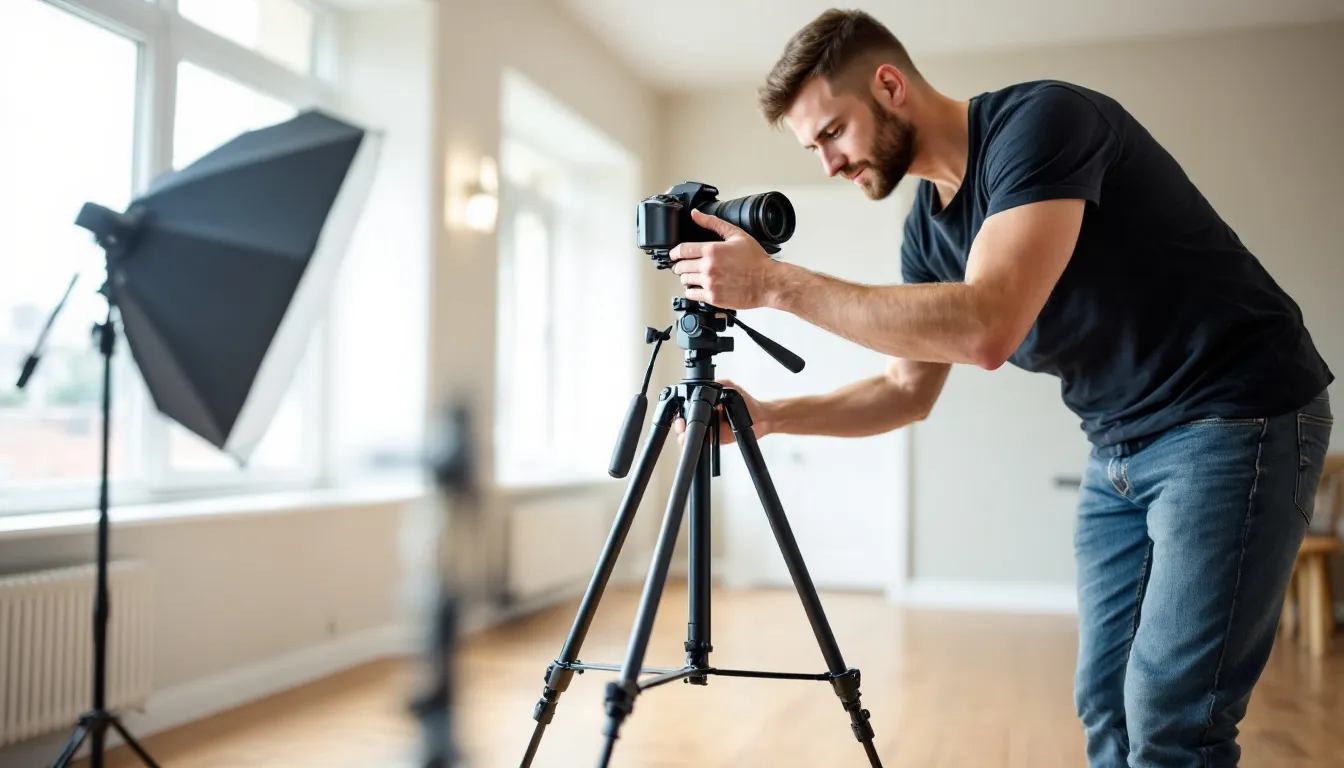 Um fotógrafo está posicionando uma câmera em um tripé dentro de uma sala bem iluminada, preparando-se para capturar imagens de alta qualidade de um imóvel. A cena destaca a importância da fotografia imobiliária na apresentação de propriedades para o mercado.