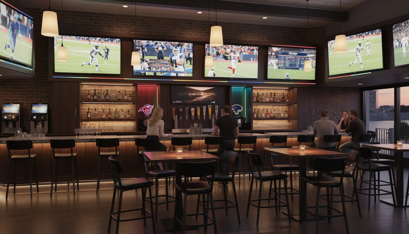 The image depicts the interior of a modern sports bar featuring multiple large television screens mounted on the walls, creating an inviting atmosphere for sports enthusiasts. The bar is designed for an engaging viewing experience, making it an ideal location for professional DSTV installation services to ensure the best reception and signal quality for patrons.