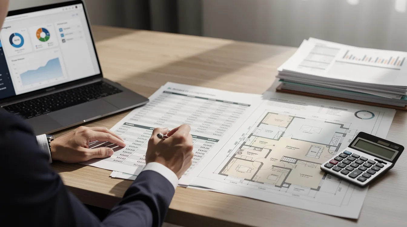 A close-up view of a person analyzing financial documents and property plans on a desk, highlighting the importance of bridging finance in property transactions. The scene captures essential elements of real estate investment, such as loan arrangements and cash flow management.