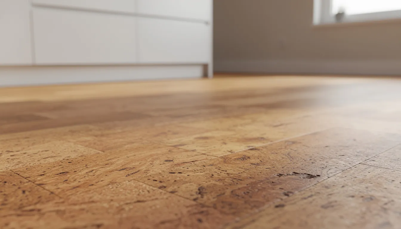 The image showcases a kitchen floor made of natural cork flooring, featuring warm wood tones and a visible texture that enhances the unique aesthetic of the space. This sustainable kitchen element not only adds style but also promotes eco-friendly living by utilizing a rapidly renewable resource.