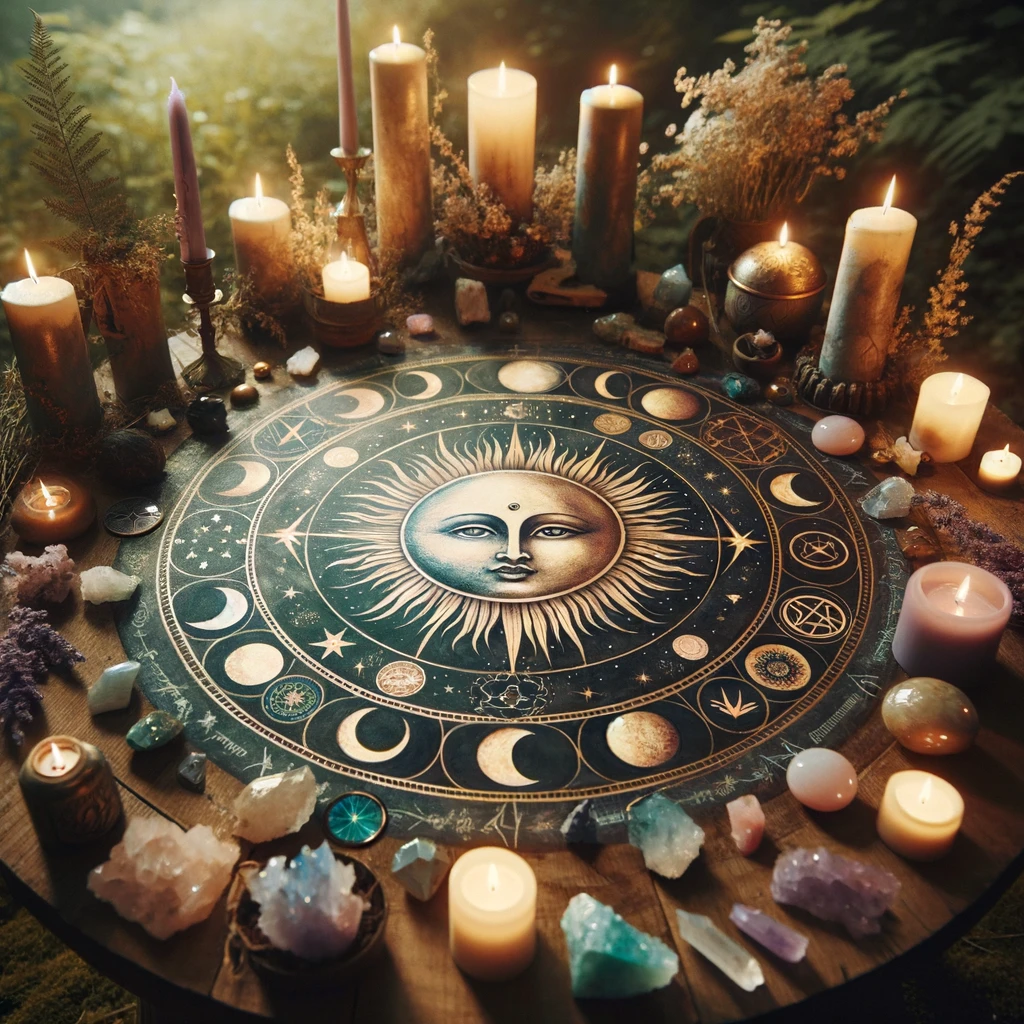 a circular altar adorned with symbols of the Goddess and God, surrounded by candles, crystals, and natural elements