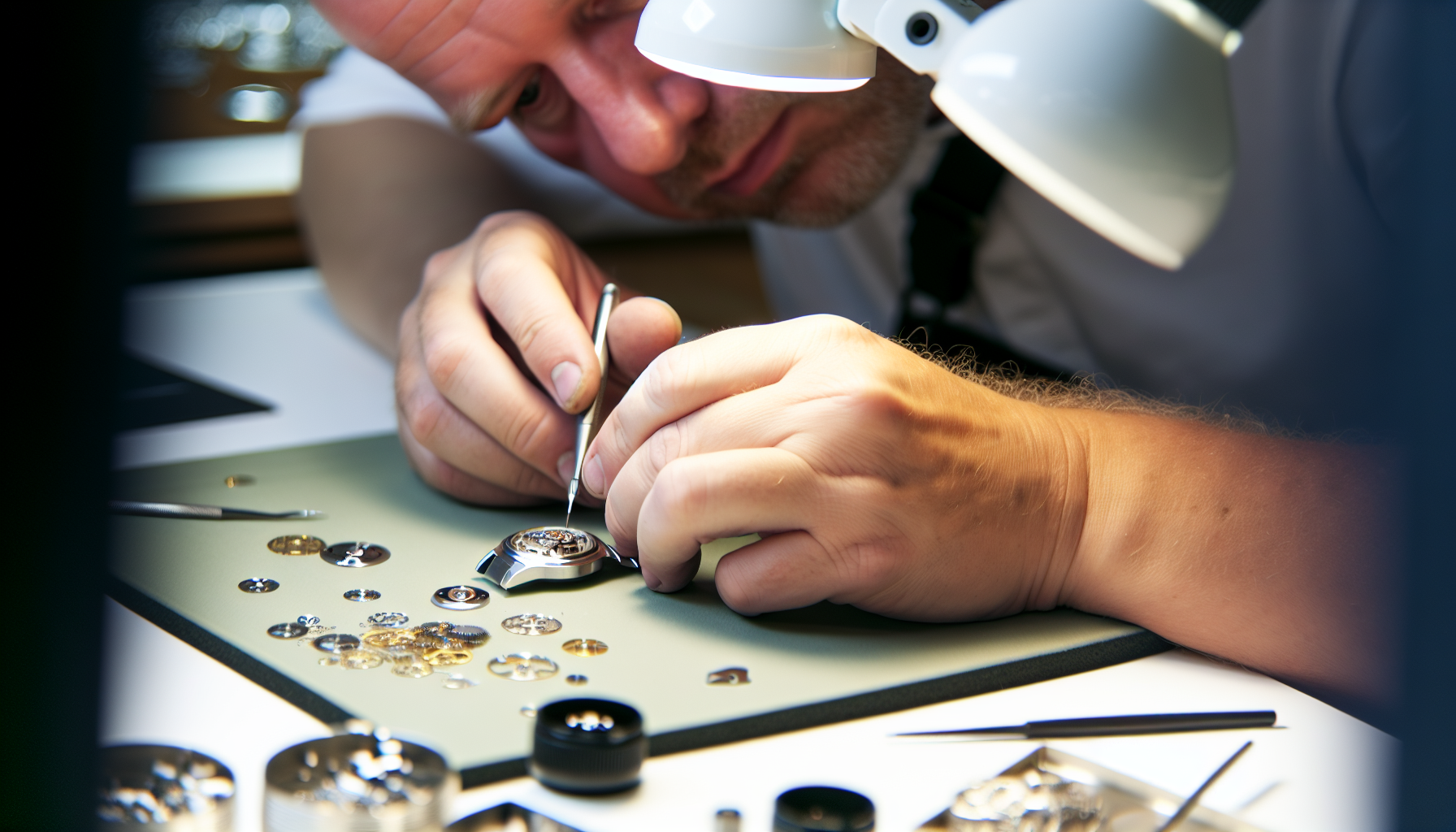 A close-up of a skilled watchmaker assembling intricate watch movements