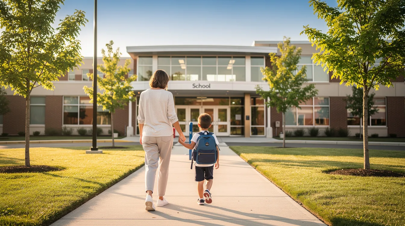 A parent and child are walking calmly together toward a school entrance on a sunny morning, showcasing a positive transition routine that can help reduce anxiety for children with autism. This moment emphasizes the importance of consistent strategies and support in daily life to manage transitions smoothly.