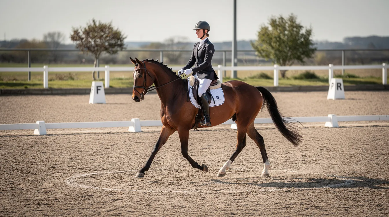A horse and rider are executing a balanced trot circle in a spacious outdoor dressage arena, showcasing the horse's movement and the rider's position. This scene highlights the importance of consistent training in dressage, as both horse and rider demonstrate their skills through this elegant exercise.