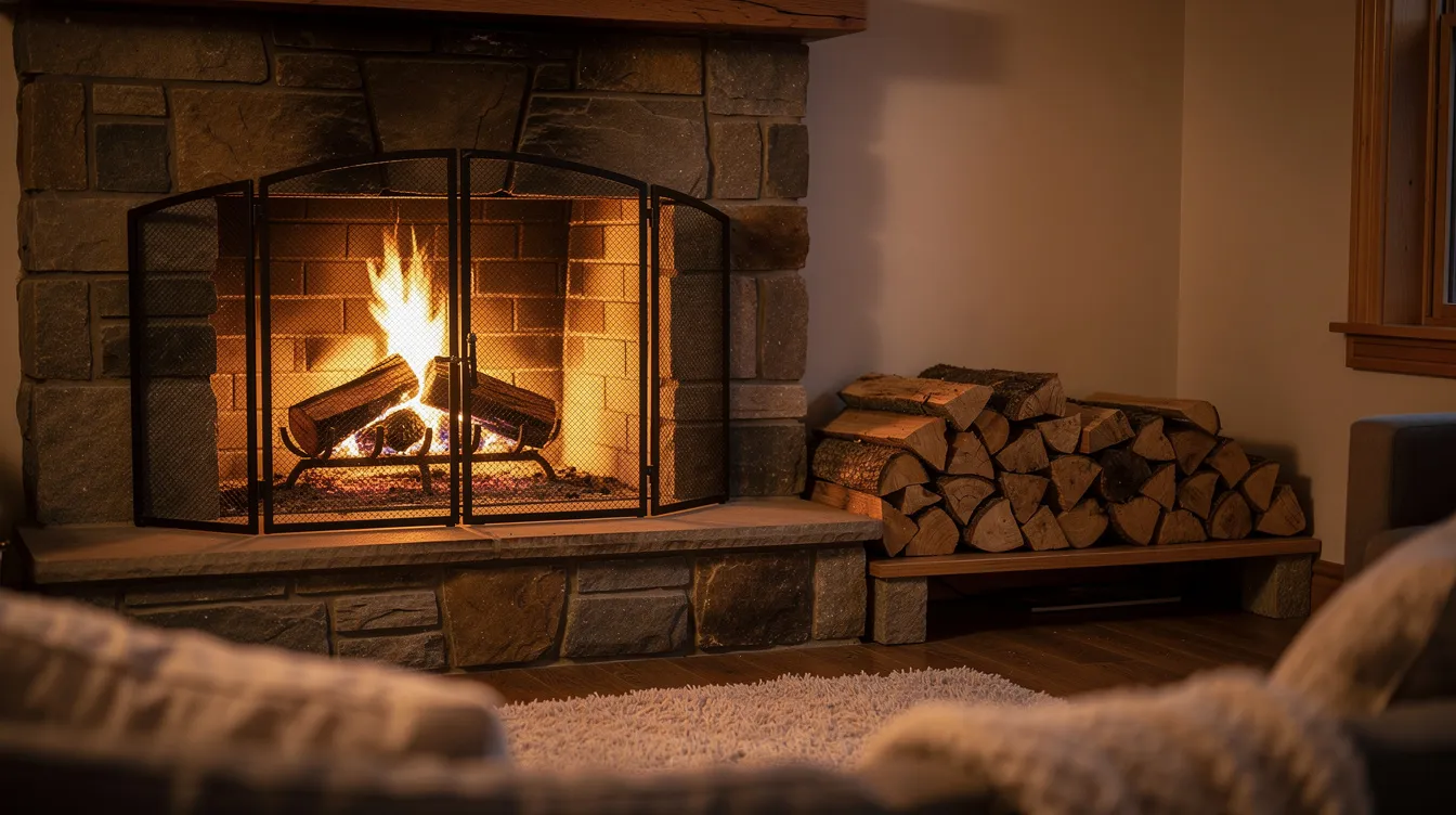 A cozy living room features a warm fireplace with a sturdy metal screen for safety, while neatly stacked firewood sits to the side, ready for use during the colder months. This inviting space emphasizes fireplace safety, ensuring a secure environment for family and pets.