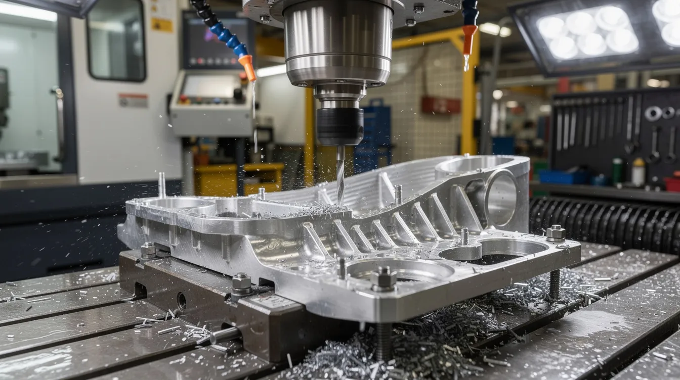A close-up view of a 5-axis CNC milling machine actively cutting a complex aluminum aerospace bracket on a factory floor, showcasing precision machining processes essential for aerospace manufacturing. The intricate design highlights the capabilities of CNC machining services in producing high-quality aerospace components with tight tolerances.