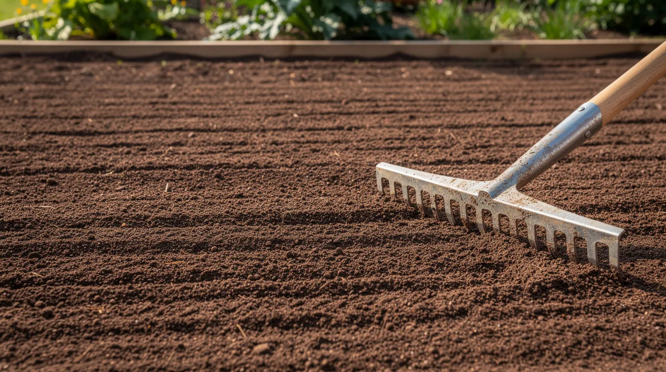 The image depicts a freshly raked garden seedbed featuring a level surface of crumbly soil, ideal for sowing grass seed. A rake rests nearby, ready for use in preparing the soil for a new lawn or addressing bare patches in the existing grass.