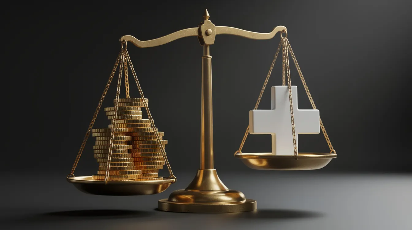 The image depicts a balance scale, with a pile of coins on one side symbolizing financial aspects such as low-interest loans and repayment terms, while a medical cross symbol on the other side represents healthcare professions like doctors and nurses. This visual metaphor highlights the balance between financial stability and the importance of medical professionals, particularly in the context of loans available for public servants and professionals.