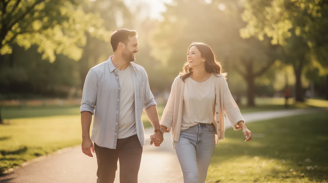 A happy couple is walking together outdoors, enjoying the natural light and each other's company, symbolizing their shared future and mutual respect in their romantic relationship. Their laughter and smiles reflect a genuine connection, contrasting the potential pitfalls of future faking and empty promises often seen in unhealthy relationships.