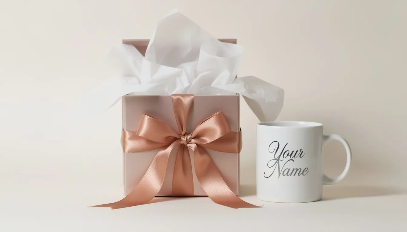 A neatly arranged gift box featuring colorful tissue paper and a decorative ribbon, containing a personalized mug, perfect for Valentine's Day gifts for a loved one. This thoughtful gift idea is ideal for expressing affection on a special occasion.