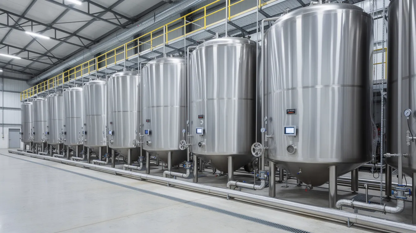 The image shows rows of large stainless steel fermentation tanks at a grain-based ethanol production facility, highlighting the industrial scale of bioethanol production. This setup is integral to the klpd ethanol plant, where raw materials like sugarcane juice are converted into renewable energy sources.
