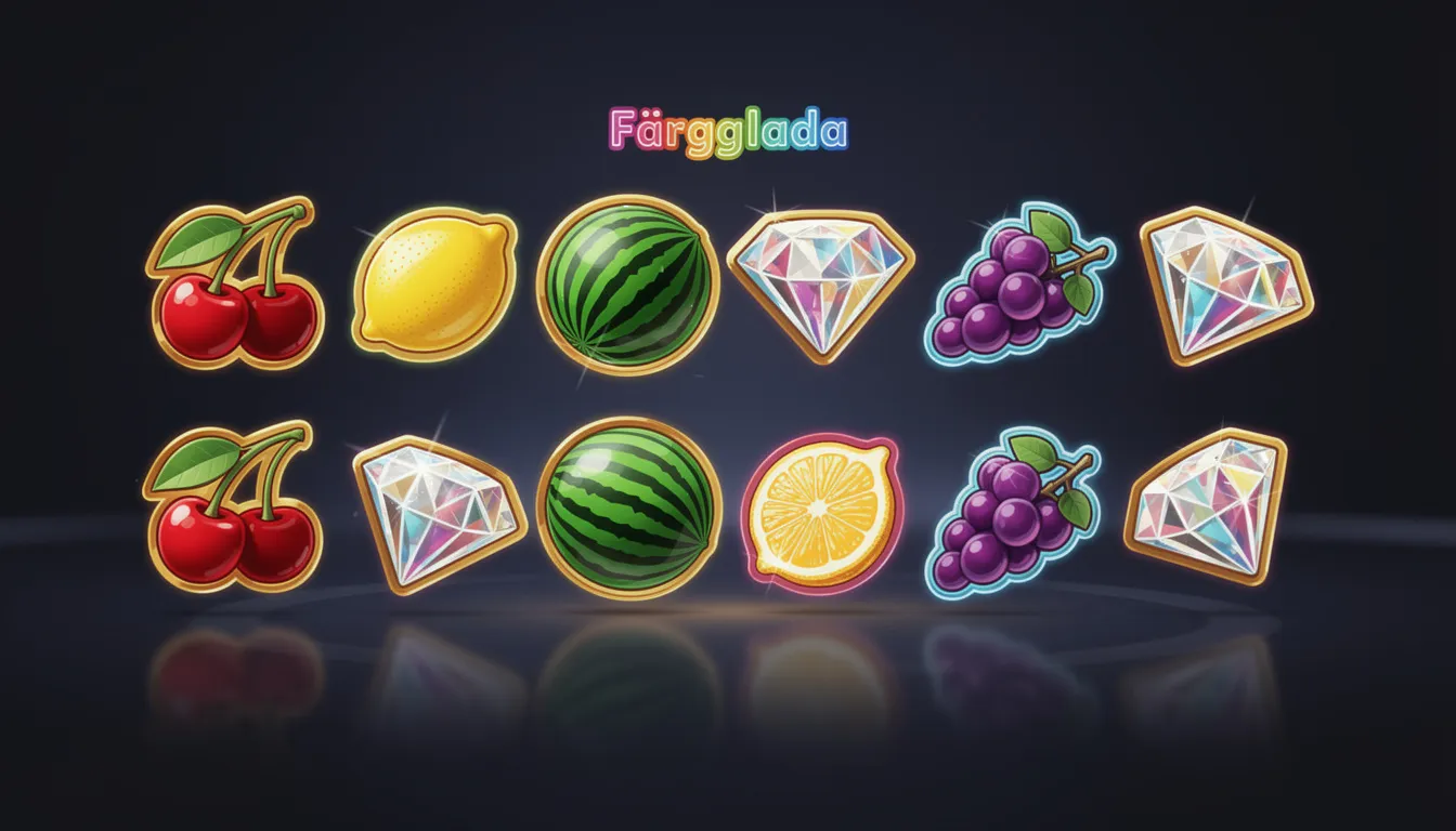Bildbeskrivning: En samling av färgglada slotmaskinsymboler som inkluderar olika frukter som körsbär och citroner samt glittrande diamanter, vilket skapar en livlig och festlig atmosfär, perfekt för spelentusiaster som besöker voodoodreams casino.