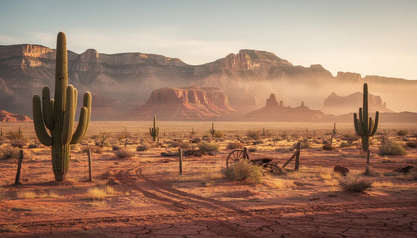 En ökenlandskap med västerländska teman, där kaktusar och klippiga berg dominerar scenen. Denna bild ger en känsla av äventyr och utforskning, perfekt för spelentusiaster som gillar hacksaw gaming och dess design.