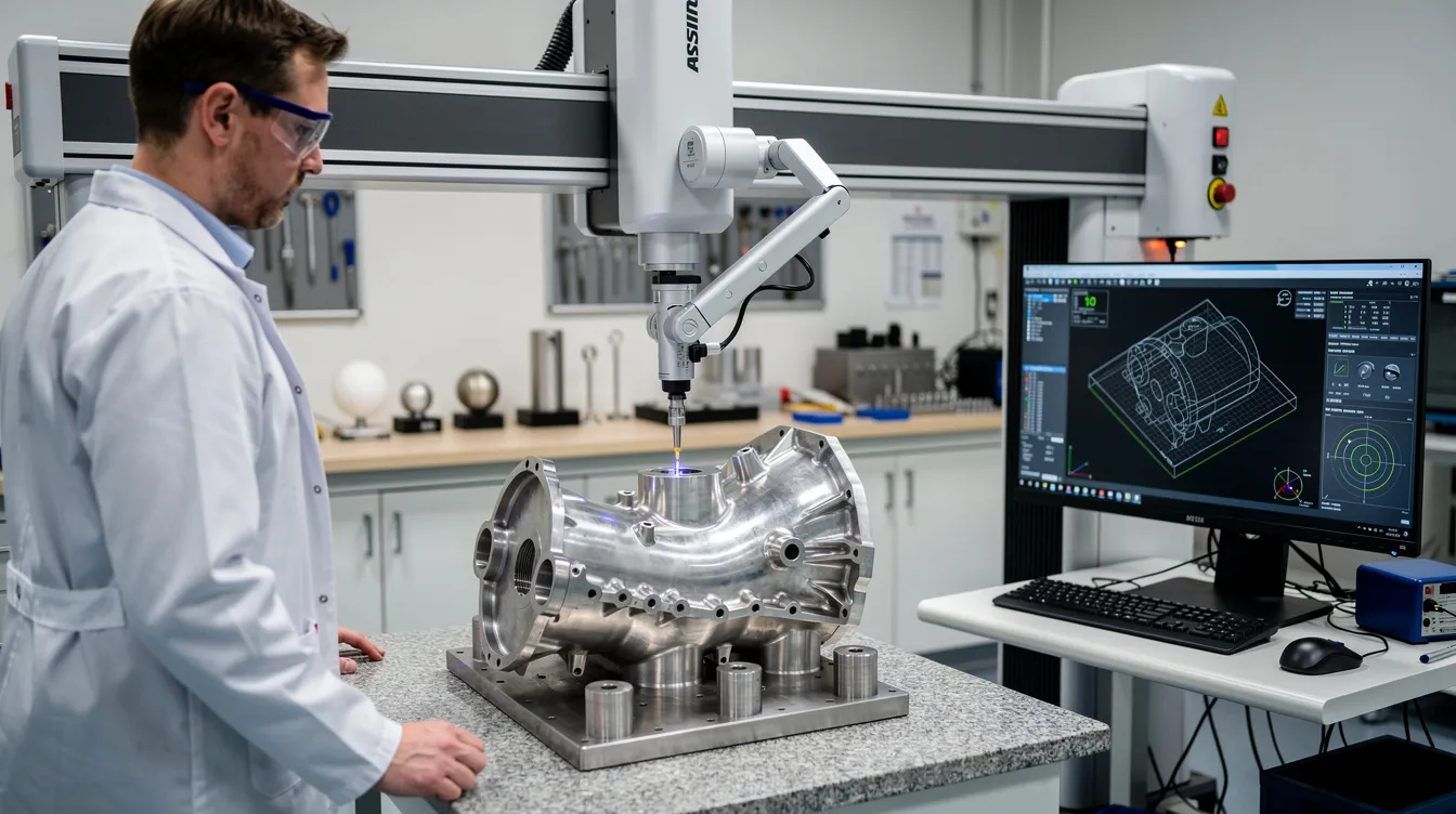 A quality inspector is using a Coordinate Measuring Machine to accurately check a machined aerospace component, ensuring it meets the tight tolerances required in modern manufacturing processes. The machine's computerized controls facilitate precision measurements, highlighting its importance in the aerospace industry and CNC machining.