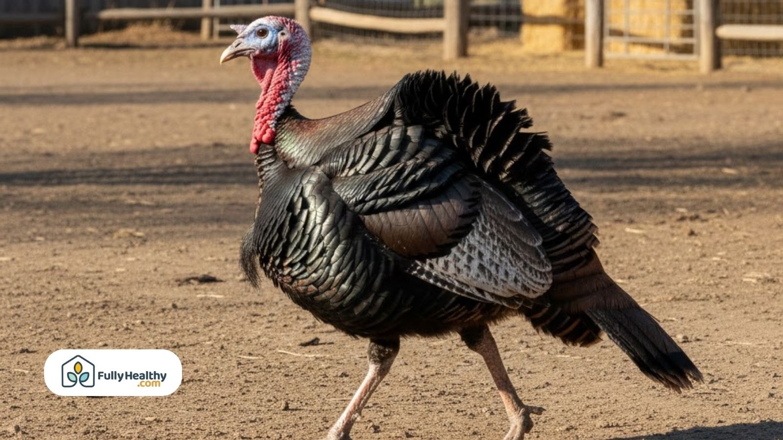 Adult turkey walking on dry ground with feathers spread and head raised.