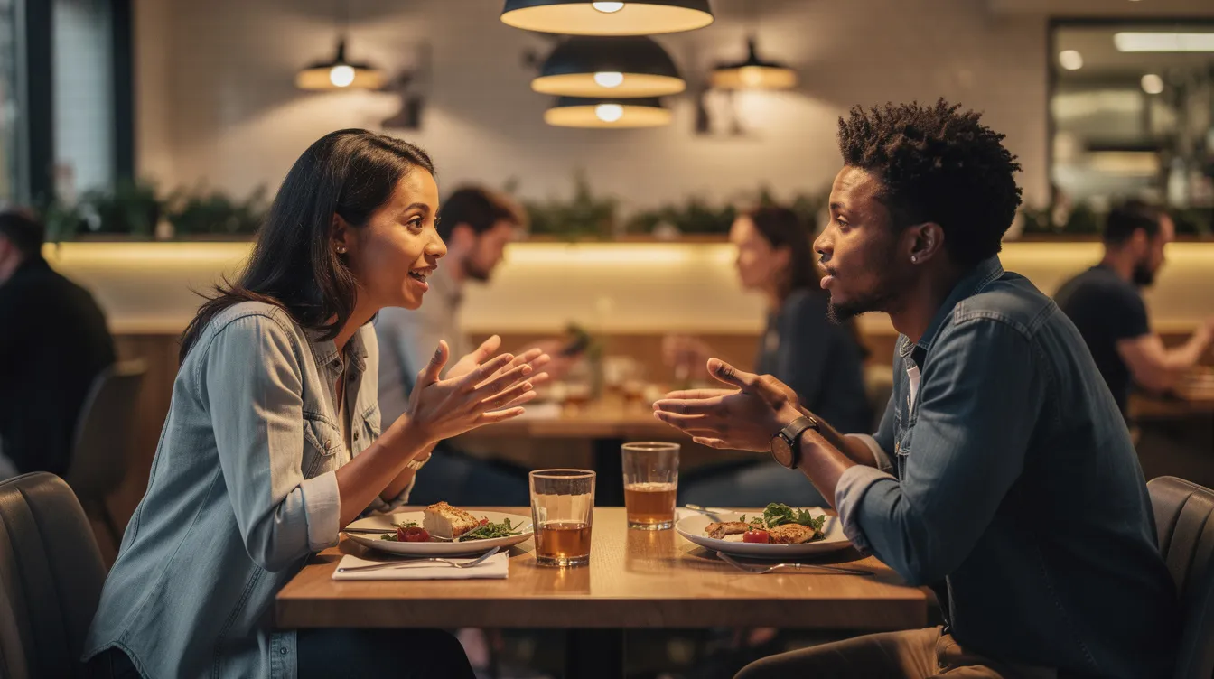 The image depicts two people engaged in a genuine conversation at a restaurant, showcasing a moment of mutual attraction and connection, reminiscent of the meaningful interactions often sought in online dating and matchmaking apps like the Iris dating app. Their expressions reflect the joy of building a relationship in the real world, highlighting the importance of authentic connections in the dating journey.