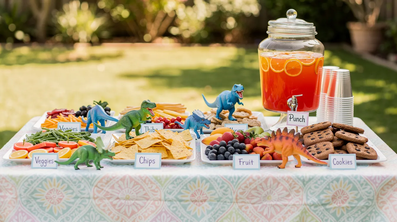 The image features a vibrant outdoor snack table adorned with dinosaur party decorations, including labeled food trays, a drink dispenser, and playful plastic dinosaur figures. This colorful setup is perfect for a dinosaur birthday party, creating a fun atmosphere for party guests to enjoy delicious treats.