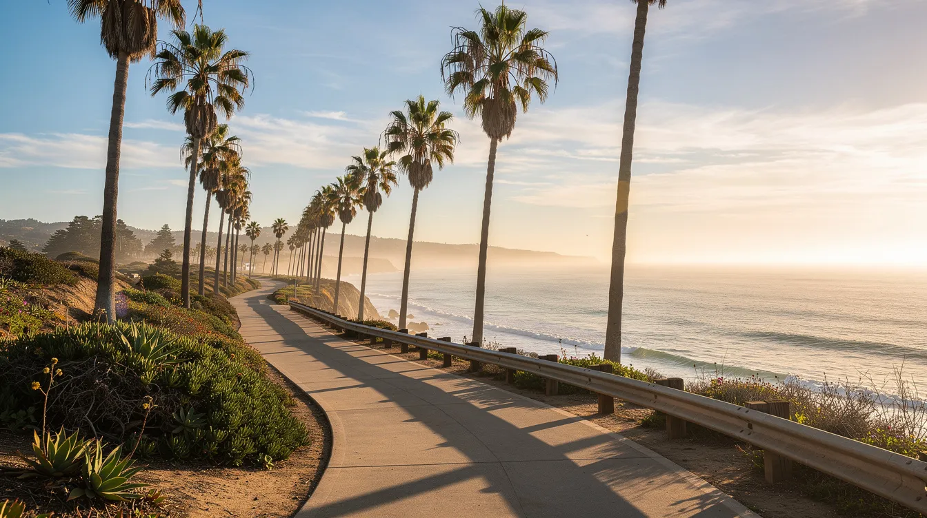 A serene pathway lined with palm trees leads to a stunning ocean view, bathed in the warm morning sunlight of coastal California. This tranquil scene represents the importance of mental health and well-being, offering a peaceful setting for reflection and healing on one's mental health journey.