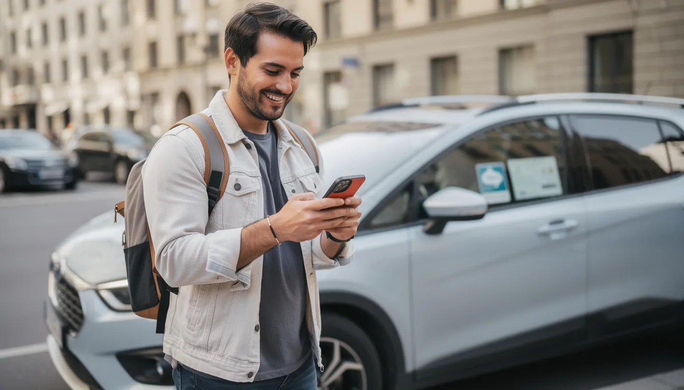 Un voyageur souriant consulte son smartphone devant une voiture de location, probablement chez Hertz, tandis qu'il vérifie les détails de son contrat de location et les conditions de prise en charge du véhicule. On peut sentir l'excitation du départ et la préparation pour son voyage.