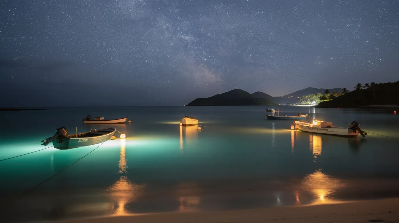 O céu noturno, repleto de estrelas, se estende sobre uma tranquila baía caribenha, onde as luzes de barcos se refletem nas águas azul turquesa. Este cenário paradisíaco é uma representação perfeita do destino Curaçao, ideal para férias e experiências inesquecíveis.
