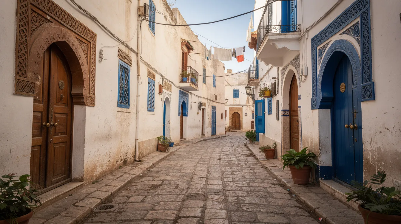 The image depicts a narrow cobblestone street in a historic Jewish quarter, known as a mellah, featuring whitewashed walls and arched doorways adorned with blue-painted details. This scene reflects the rich cultural tapestry of Morocco, where religious minorities, such as the Jewish community, coexist alongside the majority Muslim population, highlighting the country's long history of religious freedom.