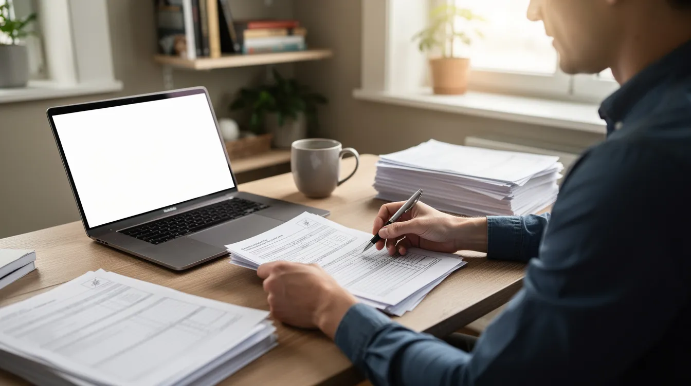 The image shows a person sitting at a desk in a home office, working on a laptop surrounded by paperwork, likely related to their UK citizenship application process. They appear focused as they fill out forms, possibly for the EU Settlement Scheme or to apply for British citizenship.