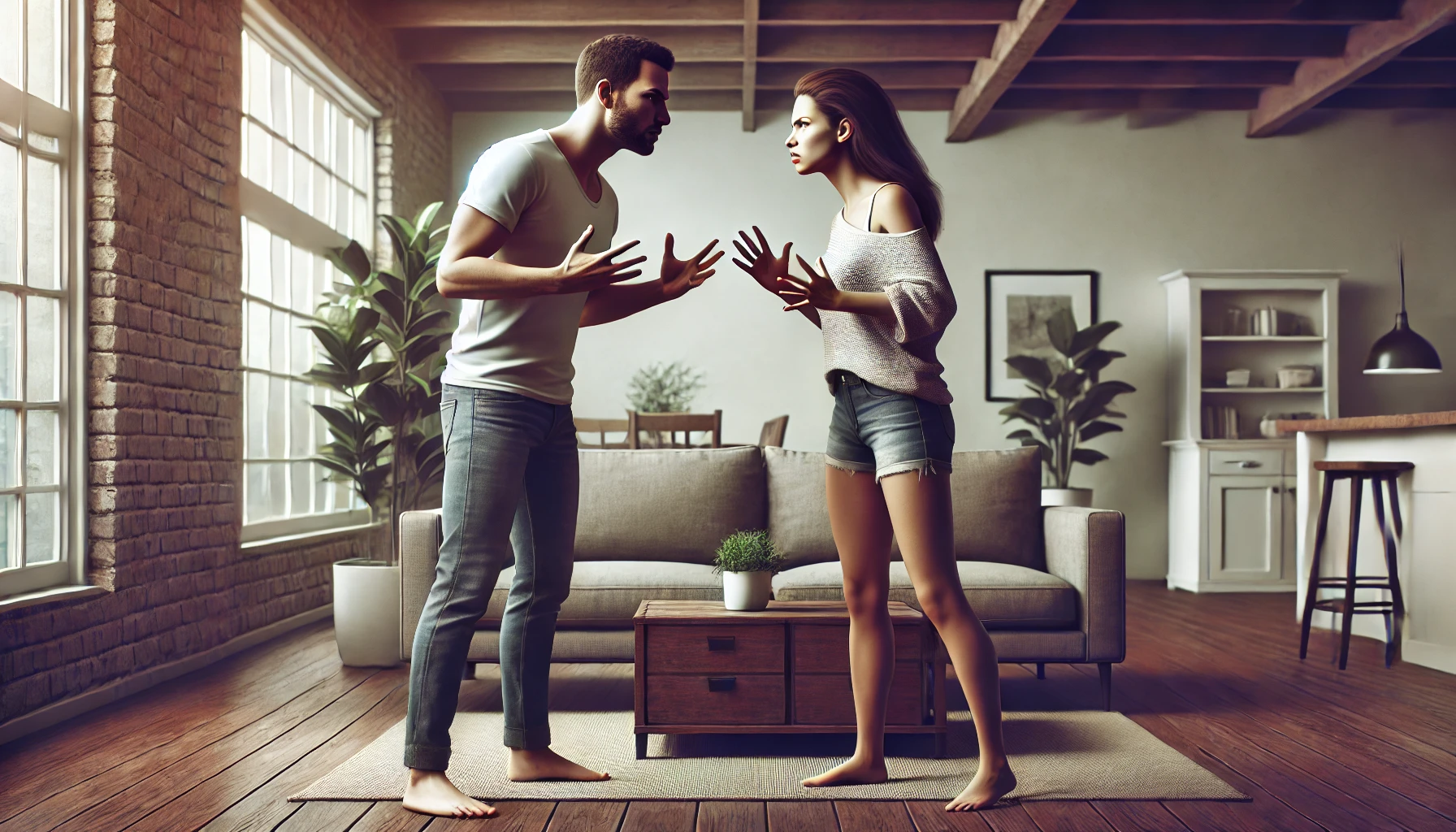  Image of a couple in a living room arguing with each other. 