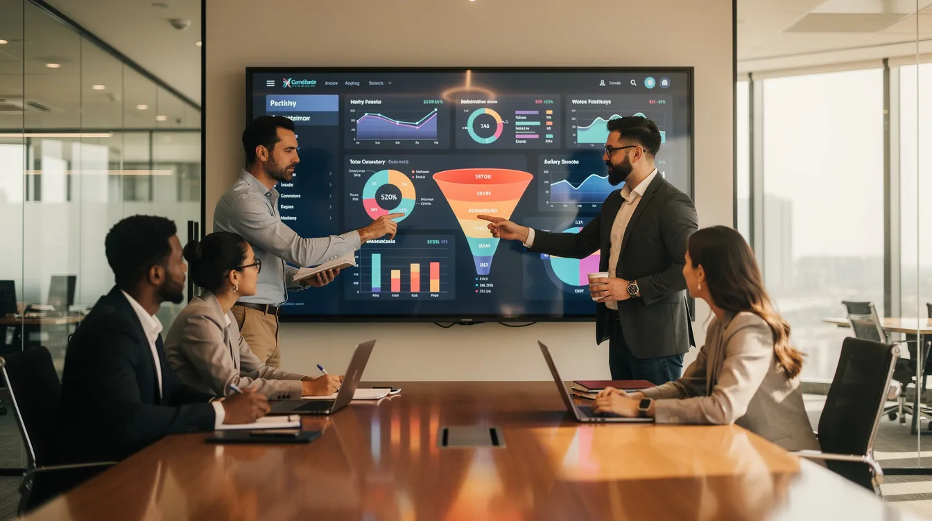 Ein bunt gemischtes Team von Unternehmern hat sich um einen großen Bildschirm versammelt und prüft aufmerksam E-Commerce-Analysen, um datengestützte Entscheidungen für ihr erfolgreiches Dropshipping-Geschäft zu treffen. Sie analysieren die Verkaufszahlen, Mitbewerber und Werbekampagnen und verwenden fortschrittliche Filter, um die besten Produkte und die erfolgreichsten Anzeigen zu finden.