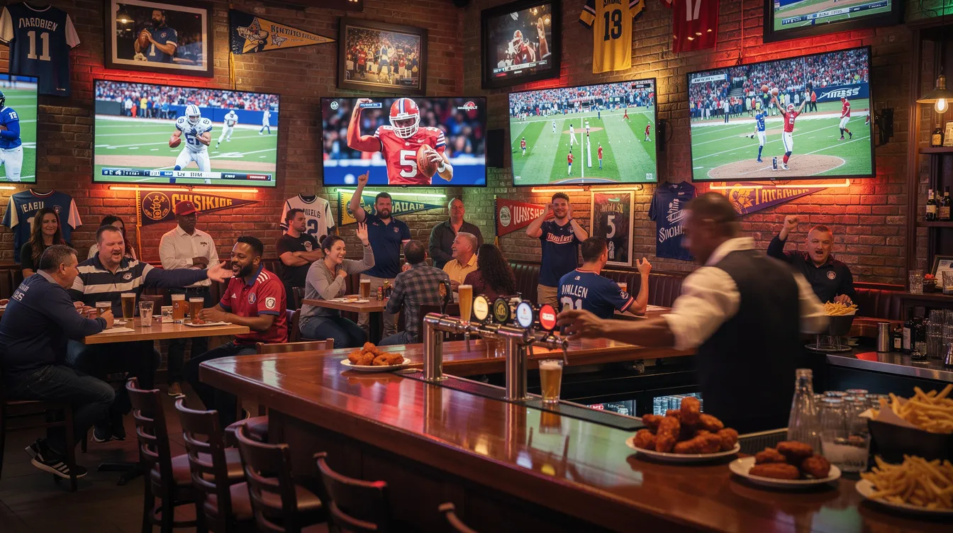 The image depicts a lively sports bar interior, filled with patrons enjoying various sporting events displayed on multiple television screens. The atmosphere is vibrant, with people cheering and engaging with the live TV channels, showcasing extensive sports coverage and the excitement of watching games together.