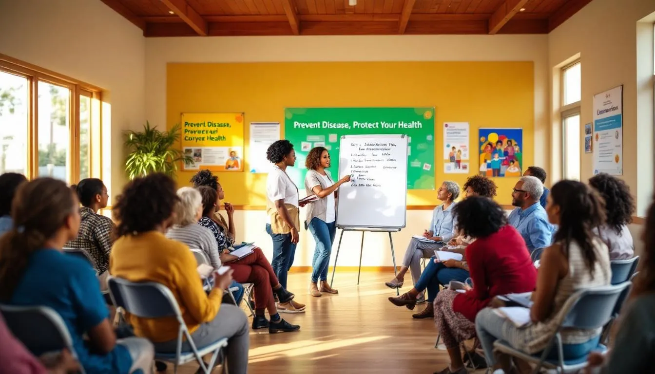 The image depicts a community health education session with a diverse group of participants actively engaged in learning about disease prevention and promoting healthy lifestyles. Public health professionals are facilitating discussions on essential health services and addressing health inequities to improve health outcomes for vulnerable communities.