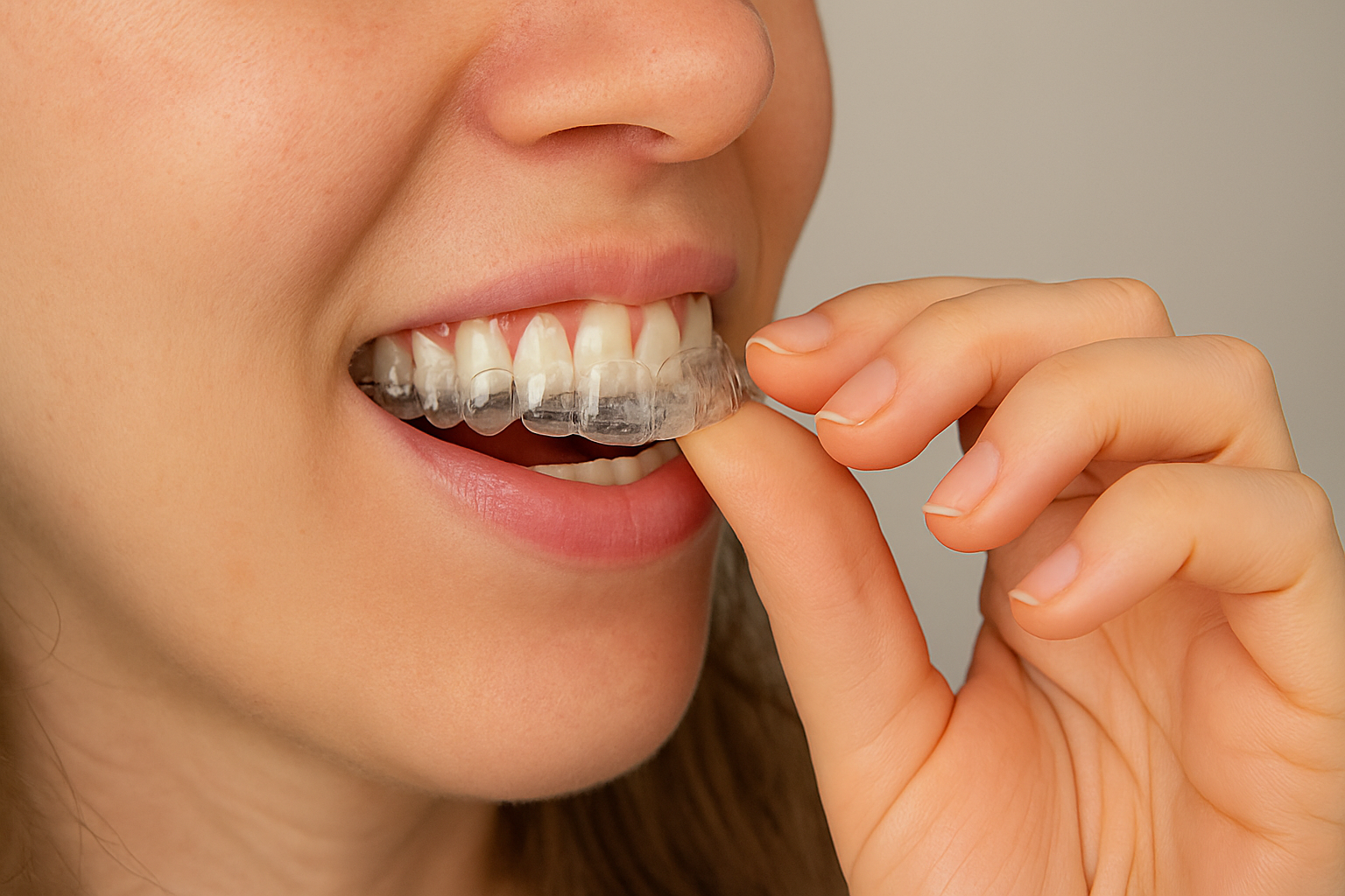 Ung kvinne setter inn gjennomsiktig tannskinne med fingrene, viser tenner og leppe i detaljert nærbilde.