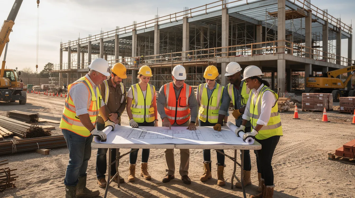 A foreman is reviewing blueprints with crew members on a commercial construction site, emphasizing effective communication and collaboration to ensure everyone is on the same page regarding project goals. This scene highlights the importance of construction management and teamwork in the construction industry.