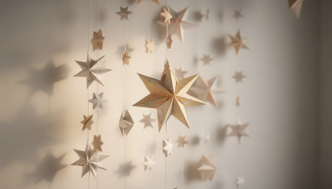 A collection of handmade paper star decorations in various sizes hangs at different heights, creating a festive atmosphere perfect for the holiday season. These eco-friendly and sustainable Christmas decorations add a natural touch to any space, making them a thoughtful choice for holiday celebrations.