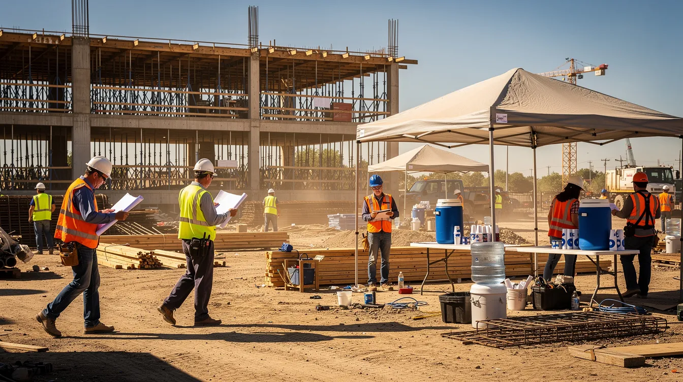 The image depicts construction workers on a sunny job site, equipped with safety gear and working diligently, while shade structures and water coolers are visible in the background to ensure their comfort. This scene highlights the importance of maintaining safe job sites and promoting employee well-being in the construction industry.